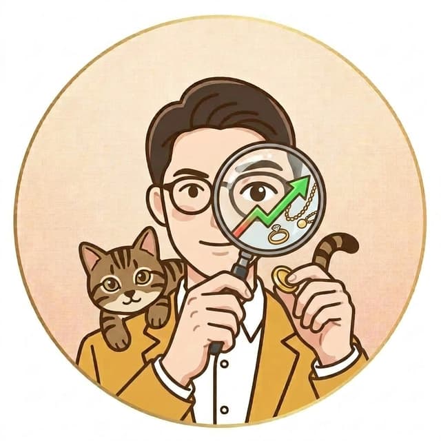 虫眼鏡で貴金属の値上がりを見比べる様子のイラスト