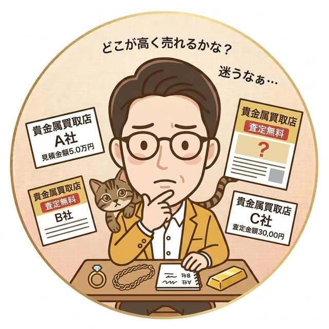 複数の買取店の見積もりを前に、どこが高く売れるか迷う様子のイラスト