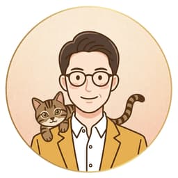 佐藤の似顔絵。キジトラ猫を肩にのせている