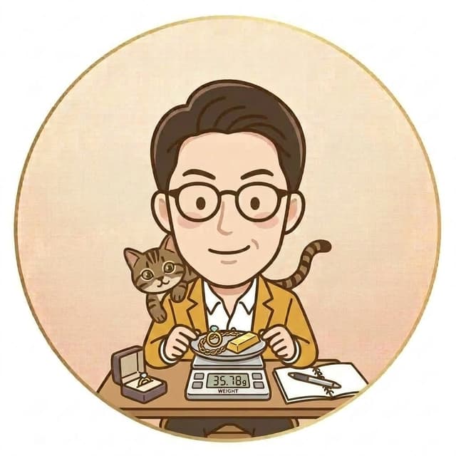 指輪や金の延べ棒をはかりで計量する様子のイラスト